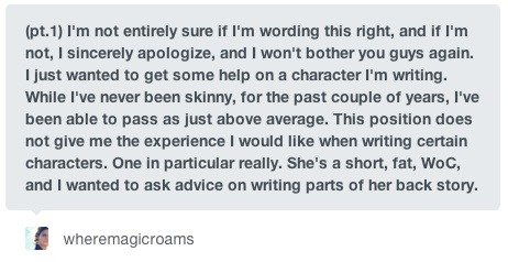 “ (pt.2)- in particular how much emphasis on her going through experiences posted here should show up. I would like her to be a living breathing character in our world, and pretending things like this wouldn’t happen to her is just irresponsible on a...