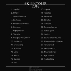 👻 So on top of doing #Drawlloween this year I will be participating in my own prompt list for #Kinktober over on @krovav-nsfw👻The prompts are based off of my own interests and Patreon requests so feel free to take from them for your own or use this