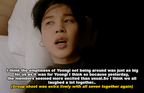 Jimin talking about how much they missed Yoongi(cr. @/joonie)Bonus:
