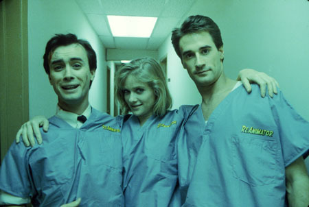 melusinae:Jeffrey Combs, Barbara Crampton, & Bruce Abbott on the set of Re-Animator.