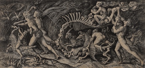 jareckiworld:Marc-Antoine Raimondi (c.1480-1534)  — The Carcass or On the Sabbath Road  (engraving, 
