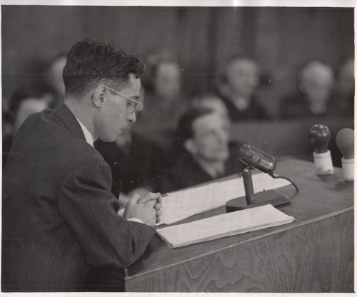 In Nuremberg, Mr. James M. McHaney opens Case Four against Oswald Pohl and others for war crimes and