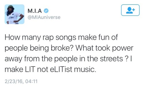 [Tweets by M.I.A:First tweet: “@MIAUniverse Well said MIA…had enough of fundamentalist separa