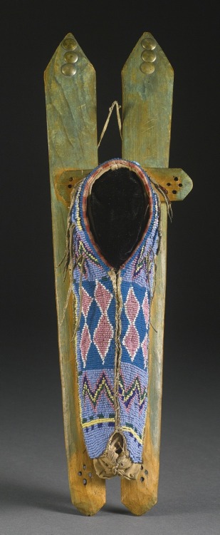 1-2-3 : Kiowa Beaded Hide Doll Cradle, Southern Plains.Hide, glass beadwork, cotton trade cloth lini