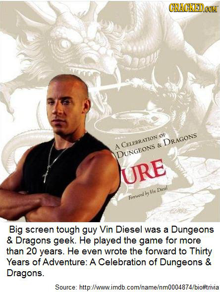 cracked:Vin Diesel’s so badass his D&D character is a Level 30 Vin Diesel.20 Insane Facts About 