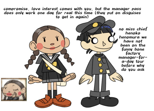 pb and li are wearing different outfits. pb is dressed like one of the save icons, with braids and a black serufuku. li is wearing pb's uniform. written is 'compromise. love interest comes with you. but the manager pass does only work one day for real this time (they put on disguises to get in again). next to li is "no miss chief henoko henomura we have not been on the fbf manager for a day tour before why do you ask"