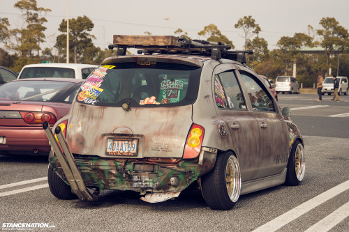 luseadthoughts:  Nissan March from Fitted Fes. Gotta say not a huge fan of the sticker bomb treatment but the boso pipes and overall mil-spec like aesthetic is really dope to me.