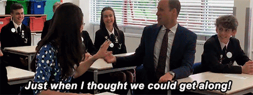 shewolfofengland:prince william lightens the mood after a sombre lesson on mental health; also i hav