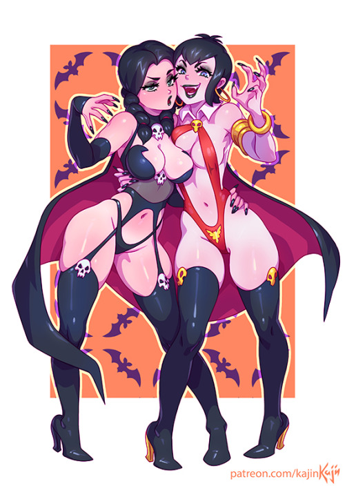 grimphantom2:  kajinman:   Mavis/Vampirella X Wednesday/Lady Death    Happy Halloween everyone!  Hot!  YES!!! < |D’‘‘‘