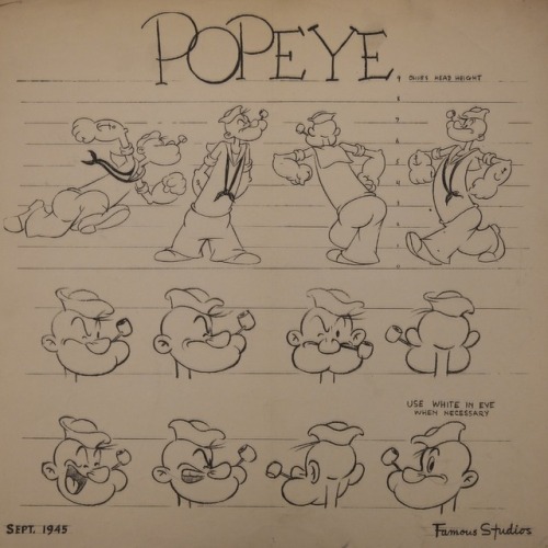 Model sheets for Popeye, Olive, and Bluto (Famous Studios era).