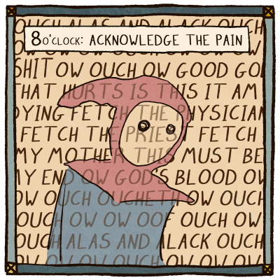 fickes:haha, morning routines amiright[ID: a 4-page comic in illuminated manuscript