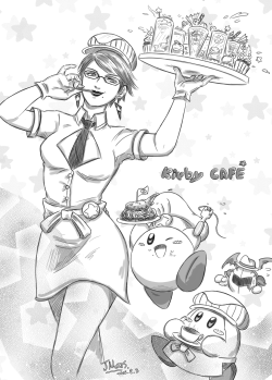 jmars-swordsman:  Bayonetta X SSB4 X KIRBY                  CAFÉ !! ヽ(●´∀`●)ﾉKIRBY CAFÉ open today, I really want to go there but I can’t, so I draw here(home)…Here is its official website: http://kirbycafe.jp/Look at all those desserts