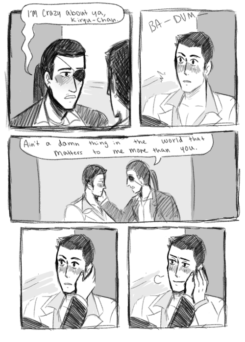 a lil kazumaji comic based off a scene from a sweet fic by judgmentkiino on twitter heehee