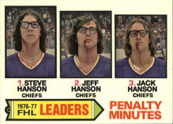 mudwerks:  (via Neato Coolville: FANTASY FILM HOCKEY TRADING CARDS)   Hanson Brothers - Charlestown Chiefs - Slap Shot (1977)Played by Steve Carlson, Jeff Carlson and David Hanson.1977-78 Topps  