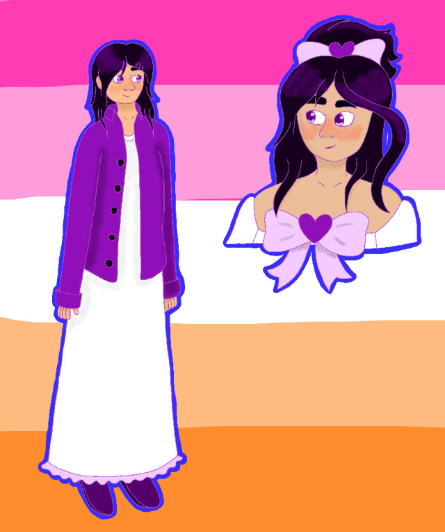 a fullbody drawing of honoka yukishiro and a headshot of cure white, drawn in purple, black and white against a lesbian flag bg