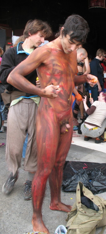 gaytwinkcollection:  body paint art  Very small dick, But nice feet