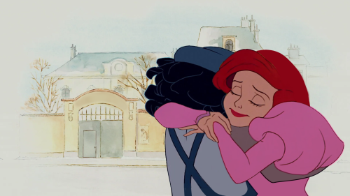 A digitally composited image of Ariel and Audrey Ramirez, created using Disney screencaps. Ariel, in a pink dress, is hugging Audrey.