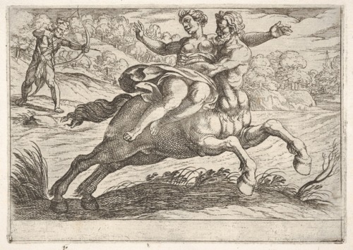 met-drawings-prints: Nessus attempting to take Dejanira from Hercules: Nessus restrains Dejanira on 