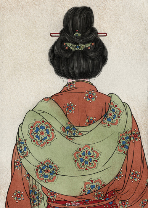Back portraits of Chinese women depicted in historical art, by Chinese artist -阿舍- (Source). Th