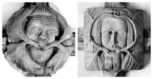 bookoffixedstars:Foliate head bosses - A cleric with furrowed brow (St Peter’s, Ugborough) and a Gre