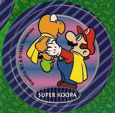 suppermariobroth: Extremely rare official artwork of Mario holding up a Super Koopa, found in a set of Super Mario World pogs. > u<