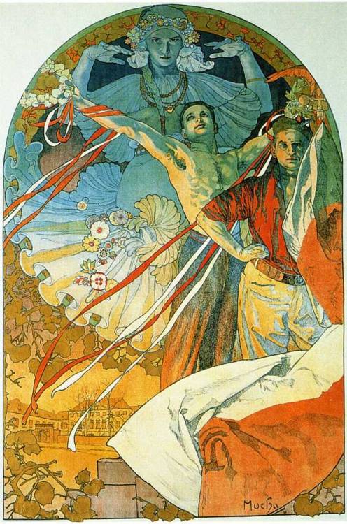 artist-mucha:8th Sokol Festival, 1912, Alphonse MuchaMedium: lithographyVery unusual to have men in 