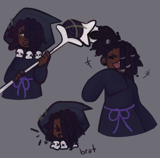 left to right: licorice holding his scythe and looking to the side. a tiny doodle of licorice sticking his tongue out. licorice laughing with one hand raised to his face and his hair pulled back