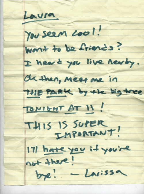 Apocrypha: Note passed in class from Larissa to Laura, 1985(Source: Museum of the Extra Dimensional 