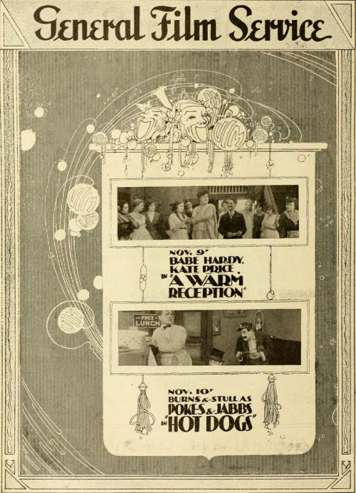  Advertisement in Moving Picture World for the American comedy short film A Warm Reception (1916).A 