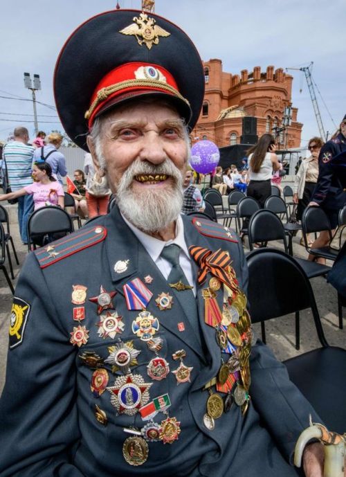 Russian veteran of the Great Patriotic War (World War II) celebrating Victory in Europe Day, May 9th