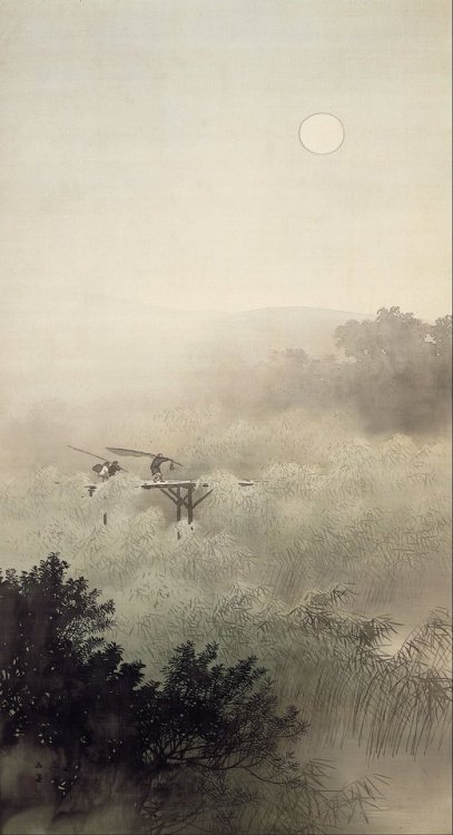 dadalux:Kawai Gyokudō (川合 玉堂; 1873-1957), Moonlit Evening, 1913 (Ink and light color on silk; Hangin