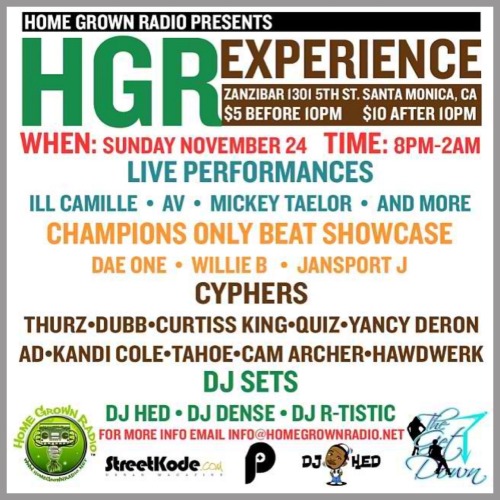 Come out to a great music event put on by L.A.’s Home Grown Radio! There will be live performances, 