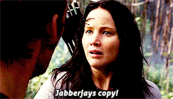 scarletvsion:  “It’s all right, Finnick. It’s just a jabberjay. They’re playing a trick on us,” I say. “It’s not real. It’s not your … Annie.”“No, it’s not Annie. But the voice was hers. Jabberjays mimic what they hear. Where did