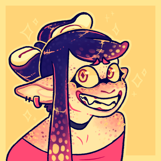 a digital, bust drawing of Callie from Splatoon against a yellow background with sparkles. She has one tentacle tied up, one down, and a nervous smiling expression.