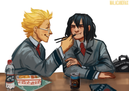 malacandrax: *⋆* 30/30 Dailies *⋆* Hizashi: Don’t you trust me? Shōta: Not even a little.  Prompt-  (from the erasermic discord): How bout sharing bento boxes during lunch at school?   Maybe Aizawa forgot his, and had no lunch money. Mic would