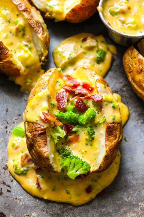 food–archives:  baked potatoes with loaded bacon broccoli cheese sauce.