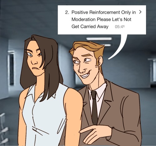 Drawing of Cutter telling Dr Pryce “positive reinforcement only in moderation please let’s not get carried away”