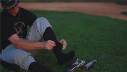 bootslaveboyusa:  randyjockster:  Wearing high socks  Damn i’d be chasing him after the game to beg him to sniff his OTC black baseball socks!!!