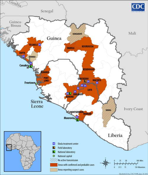 mapsontheweb:Ebola Hemorrhagic Fever Outbreak in Guinea, Liberia, and Sierra Leone, June 2014.Read M