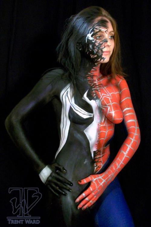 nerdybodypaint: Spiderman with venom symbiote body paint by Trent Ward