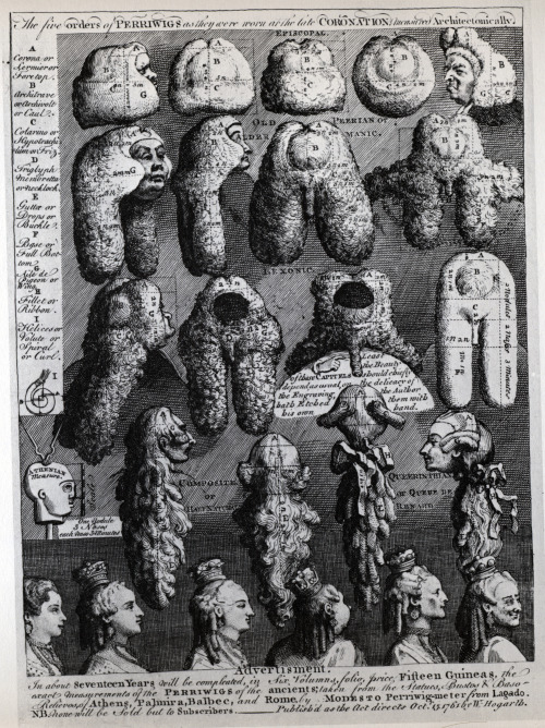 “The Five Orders of Perriwigs as they were Worn at the Late Coronation Measured Architectonica