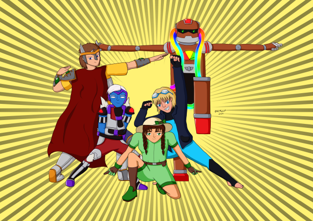 Digital drawing of 5 people doing the Ginyu Force group pose. In Ginyu's position is a young woman with white skin, brown hair in braided pigtails, a white sun hat, and green coverall shorts. In Jeice's position is a young man with tanned skin, shaggy blonde hair, shark teeth, and a black and bright blue full body wetsuit. In Guldo's position is a blue skinned Thorathian with a white undercut, red jumpsuit, and black, silver, and purple armor. In Recoome's position is a young woman with shaggy brown hair, pale skin, and jeans and a t-shirt under several pieces of silver armor and a red cape. In Burter's position is a brown and silver robot with rainbow LEDs looped around him, a visor shaped like sunglasses, and a red, yellow, and green meter on his chest.