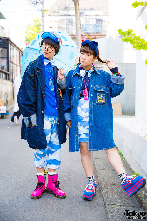 P-chan and Karin from the Tempura Kidz on the street in Harajuku wearing cloud print, denim, along w