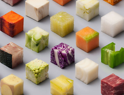 goddessofsecrets: boredpanda: Artists Cut Raw Food Into 98 Perfect Cubes To Make Perfectionists Hung