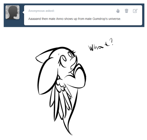 ask-ponyghost:  askannospirit:  Anno(F): Gummy~ Please tell me what this is~ Why is there a “colt me” talking to me~? TT~TT Anno(M): Well… do you know where he is? It’s an honest question… TT~TT   and don’t worry Male anno you will see Chew