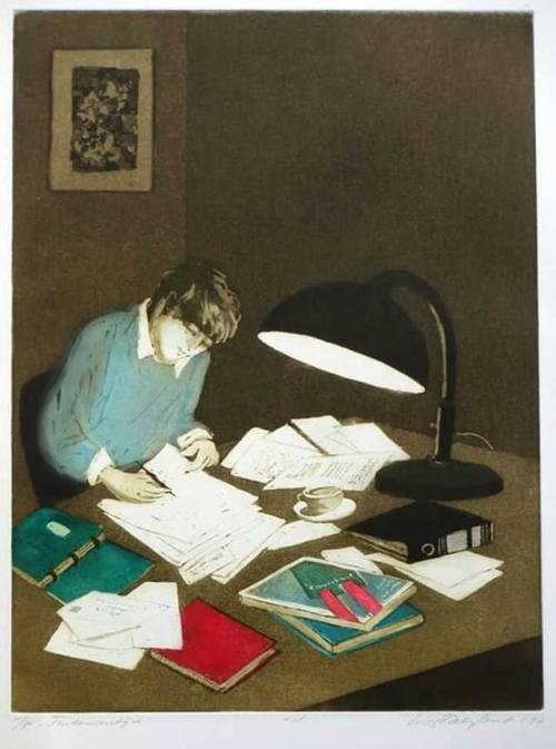 Exam time    -    Willy Belinfante , 1945-99Dutch,1922-2014Colour etching, 40 x 30 cm.