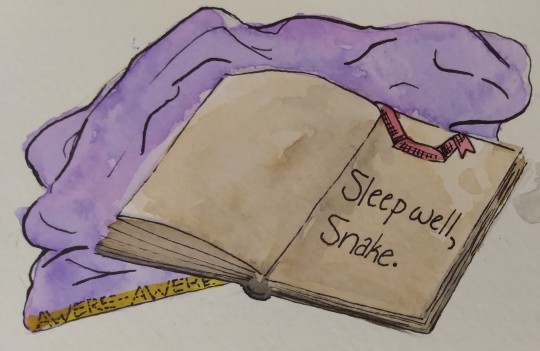 An open journal rests on a purple cloak. On a page of the journal is written the words: "Sleep well, Snake."