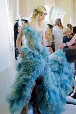 vogue:  Atelier Versace fall 2015 couture is starting to look a little more like the set of A Midsummer’s Night Dream.Your ticket backstage on Vogue.com.Photographed by Kevin Tachman