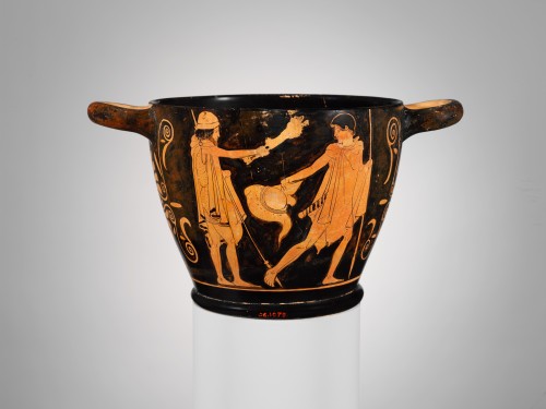 via-appia:Terracotta skyphos (deep drinking cup), youth receives his armor and takes leaveAttributed