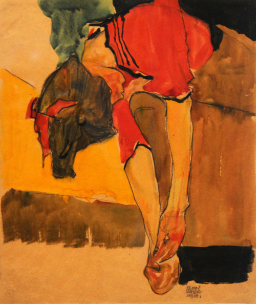 last-picture-show: Egon Schiele, Schuhe anziehendes Mädchen (Girl Putting on Shoe), 1910